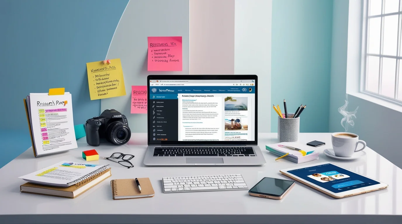 Mesa com um computador no centro e rascunhos e planejamentos de conteúdo para blog ao redor.