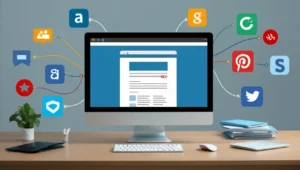 Monitor em cima de uma mesa com diversos icones flutuando em volta