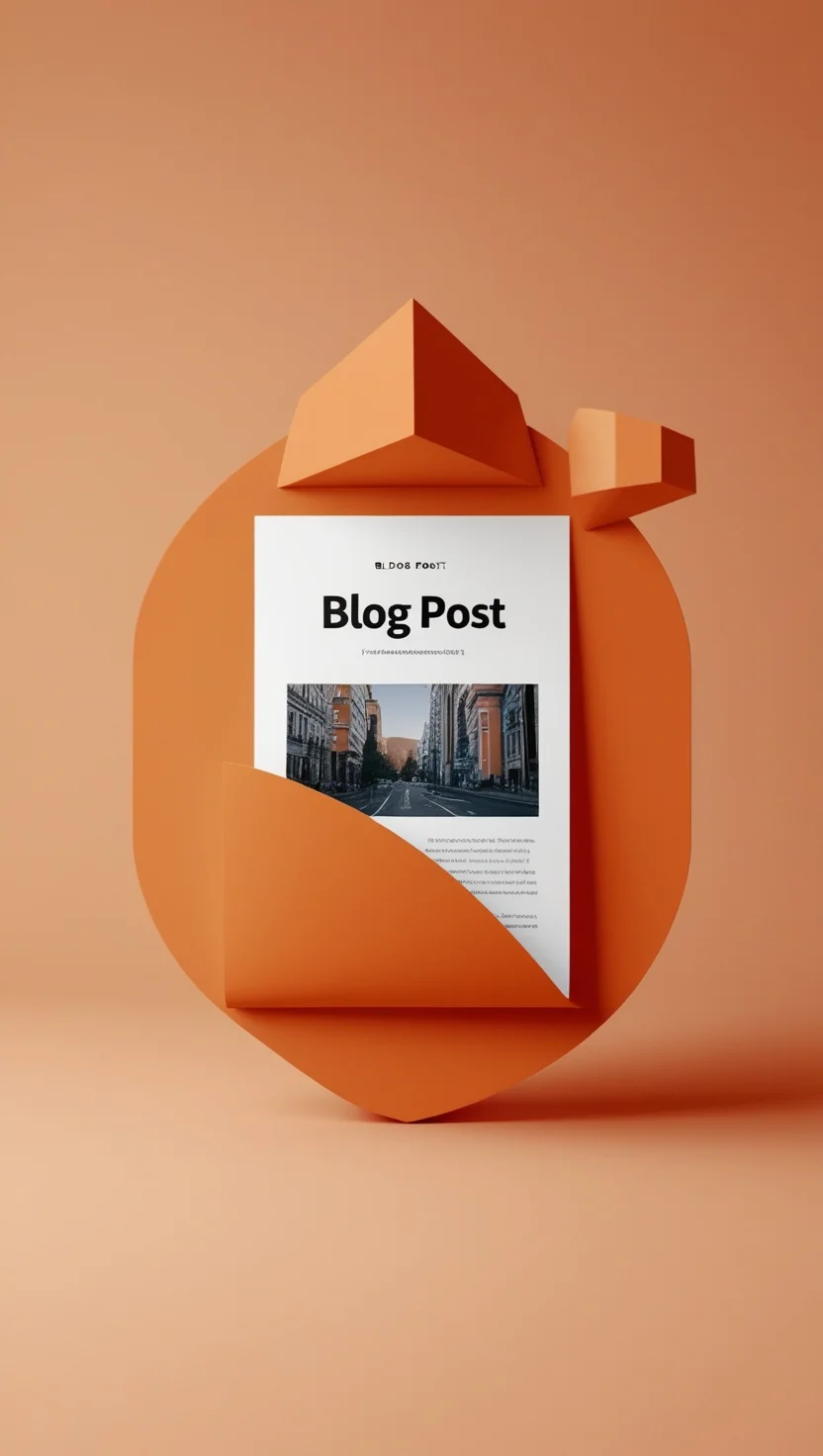 Modelo de post de blog em tons de laranja com elementos geométricos sobre fundo laranja, representando um conteúdo digital.