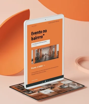 Tablet exibindo um evento local no bairro, representando a promoção de eventos locais como parte da estratégia de SEO Local.