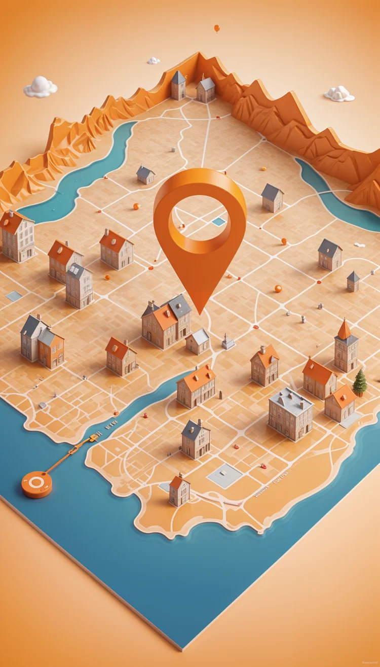 Mapa 3D estilizado com pin de localização em destaque, representando estratégias de SEO local e personalização para alcançar audiências regionais.